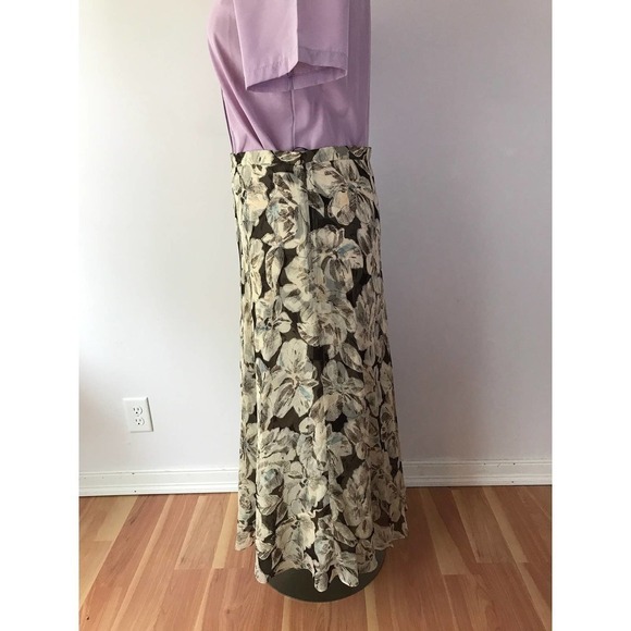 Vintage Brown Floral Midi Skirt Swishy Vintage Neutral Silk Plus Size - Picture 2 of 8